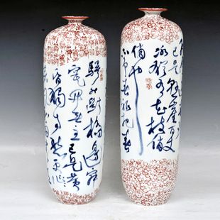 景德镇陶瓷花瓶 手绘青花草书花瓶山水画花瓶摆件 蛇文化传播